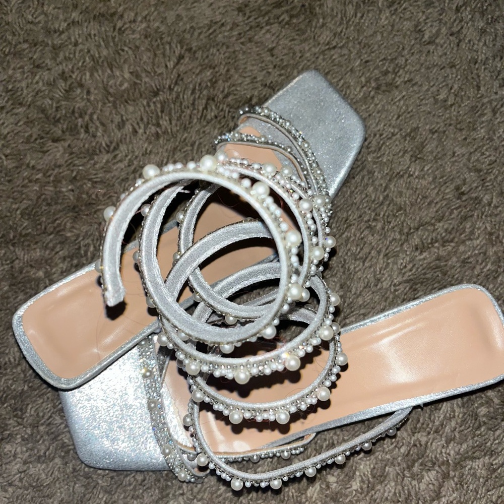 Silver Strappy Heels with Pearl Accents